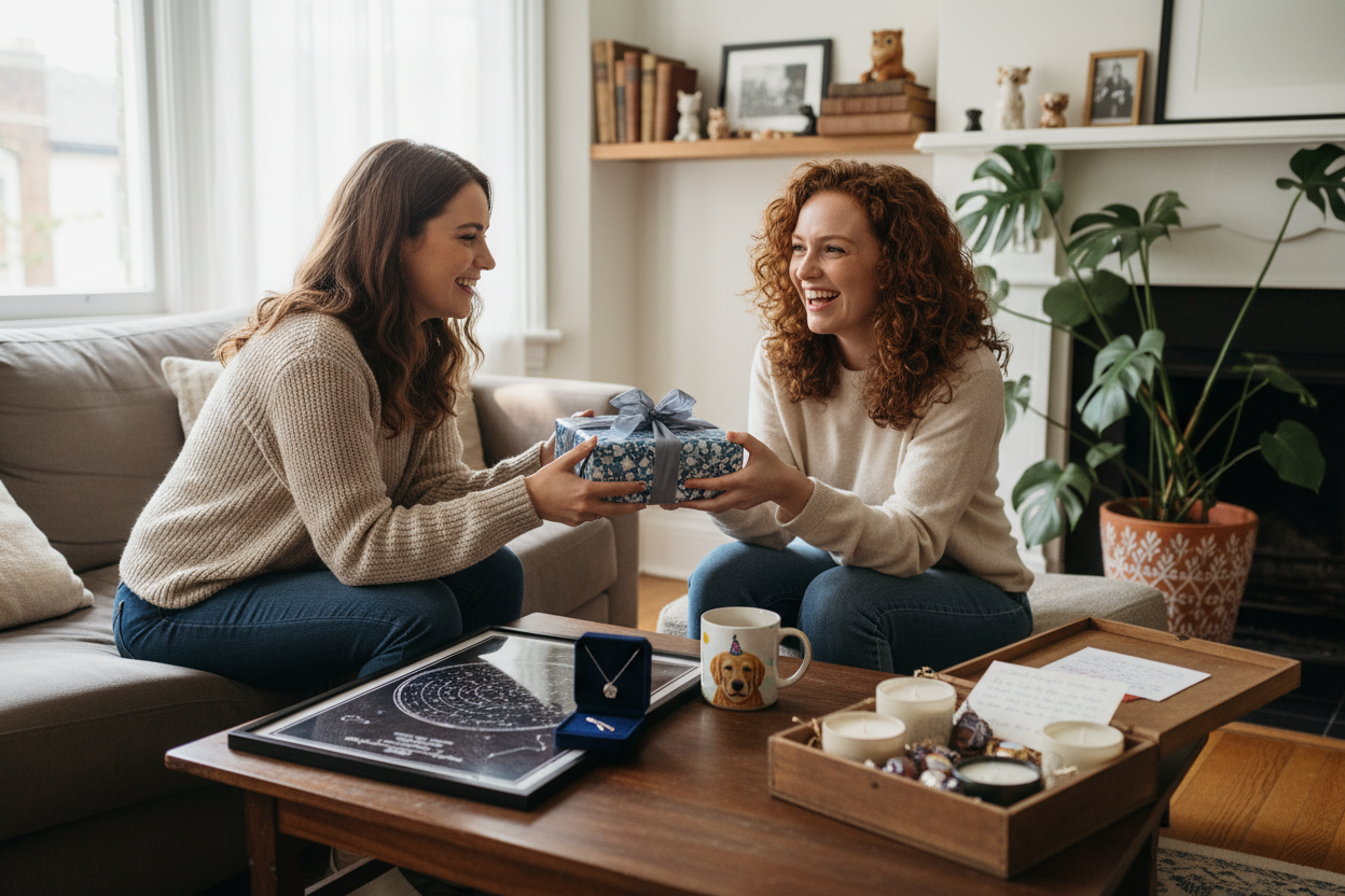 Friends exchanging presents and laughing together, showcasing unique gift ideas for friends to inspire thoughtful giving