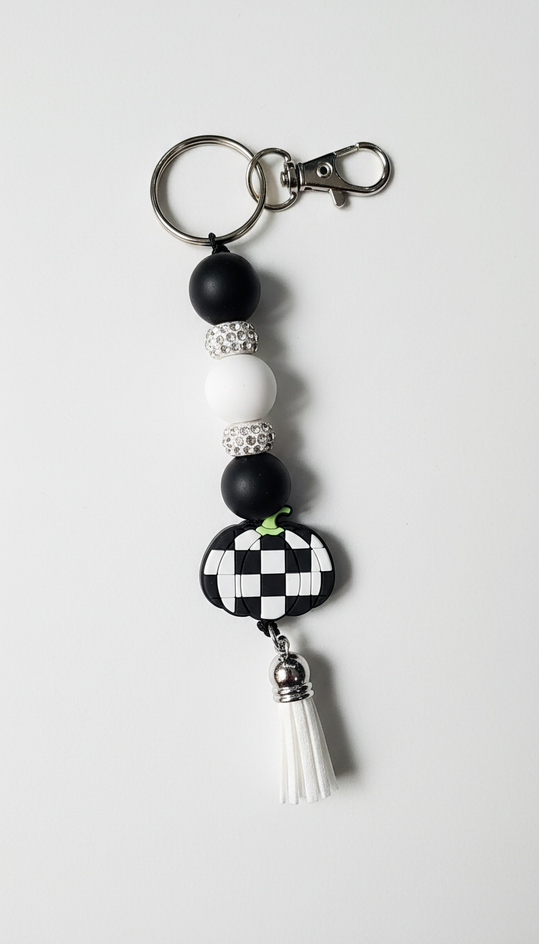Checkered Pumpkin Keychain: Farmhouse Fall Beaded Key Ring