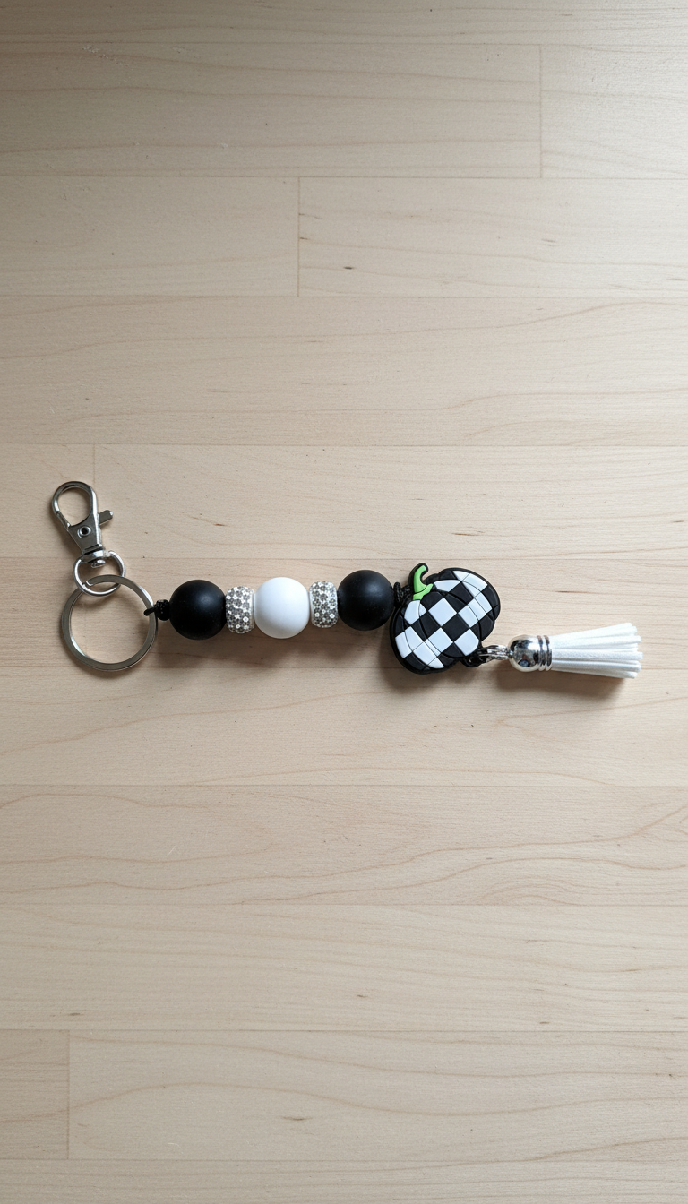 Checkered Pumpkin Keychain: Farmhouse Fall Beaded Key Ring