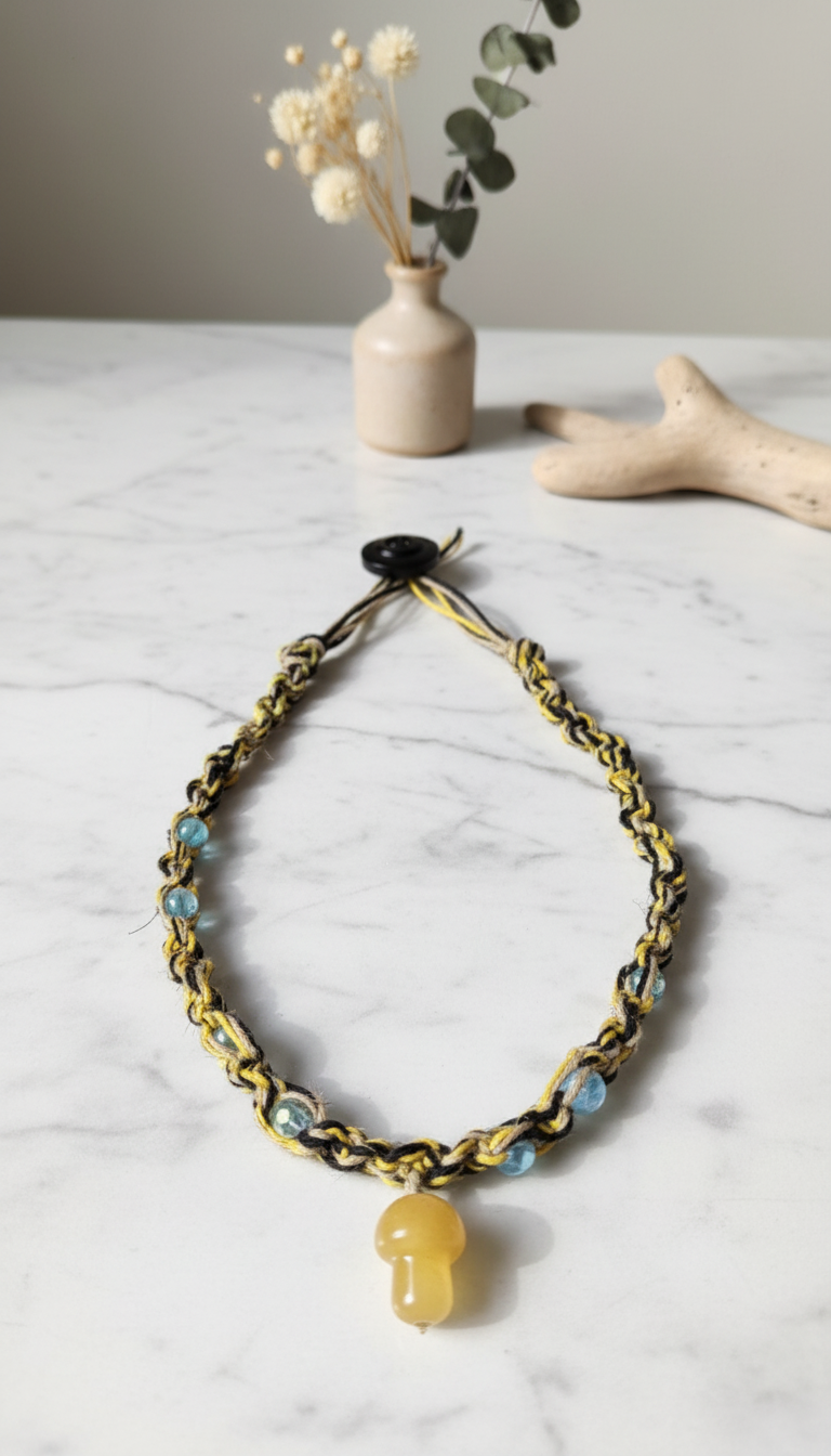 Hemp Necklace with Yellow Glass Mushroom Bead - Ecofriendly Black, White & Yellow Boho Jewelry for Men and Women
