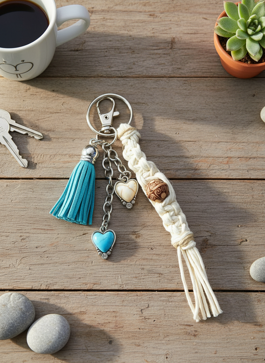 Hemp Keychain with Tassel and Heart Charms
