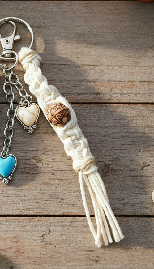 Handmade Hemp Keychain: Heart Charms & Glass Beads