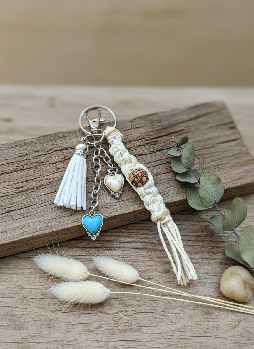 Handmade Hemp Keychain: Heart Charms & Glass Beads
