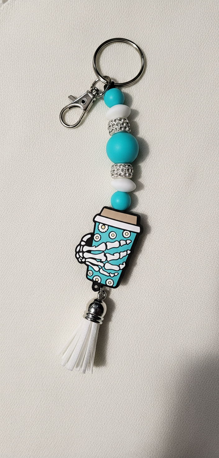 Turquoise & White Skull Hand Coffee Mug Keychain – Handmade Gothic Charm
