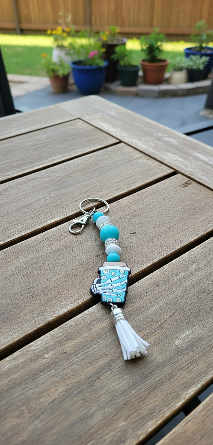 Turquoise & White Skull Hand Coffee Mug Keychain – Handmade Gothic Charm