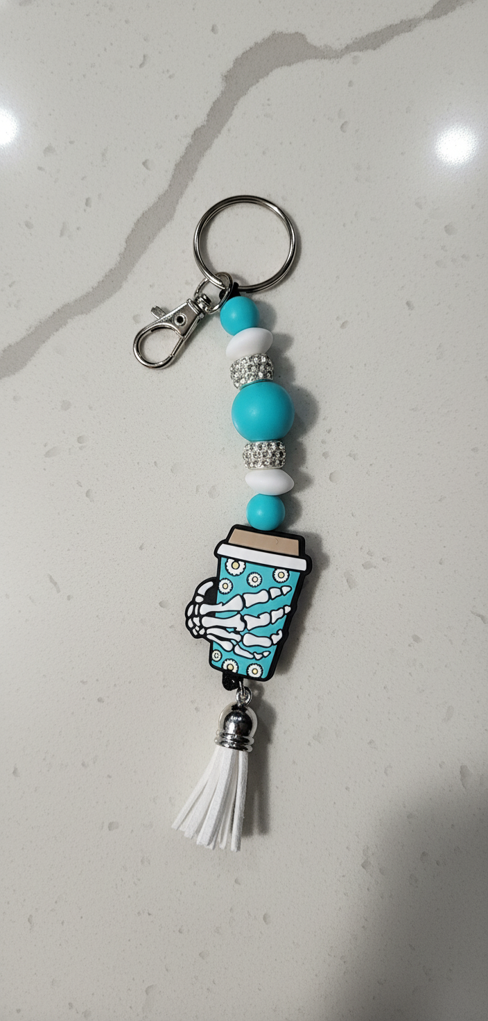 Turquoise & White Skull Hand Coffee Mug Keychain – Handmade Gothic Charm