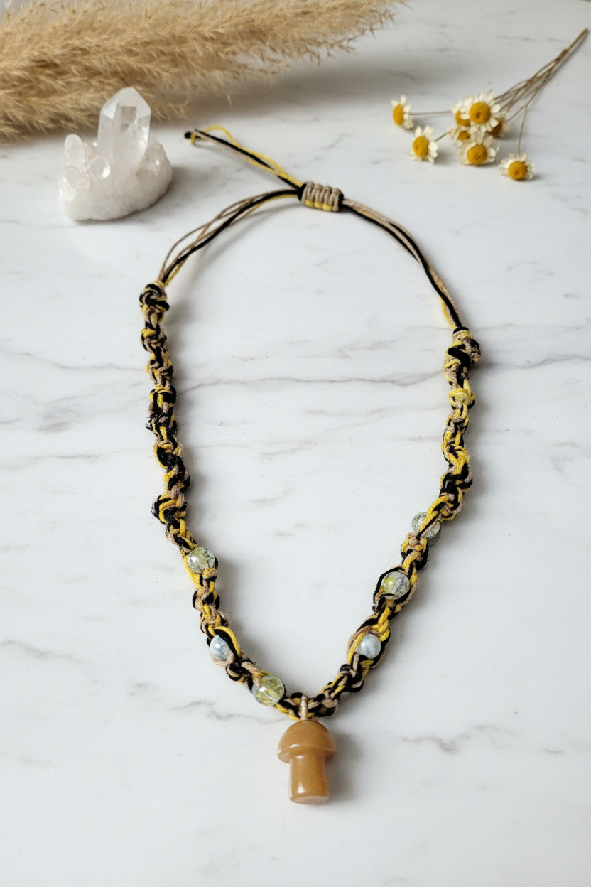 Hemp Necklace with Yellow Glass Mushroom Bead - Ecofriendly Black, White & Yellow Boho Jewelry for Men and Women