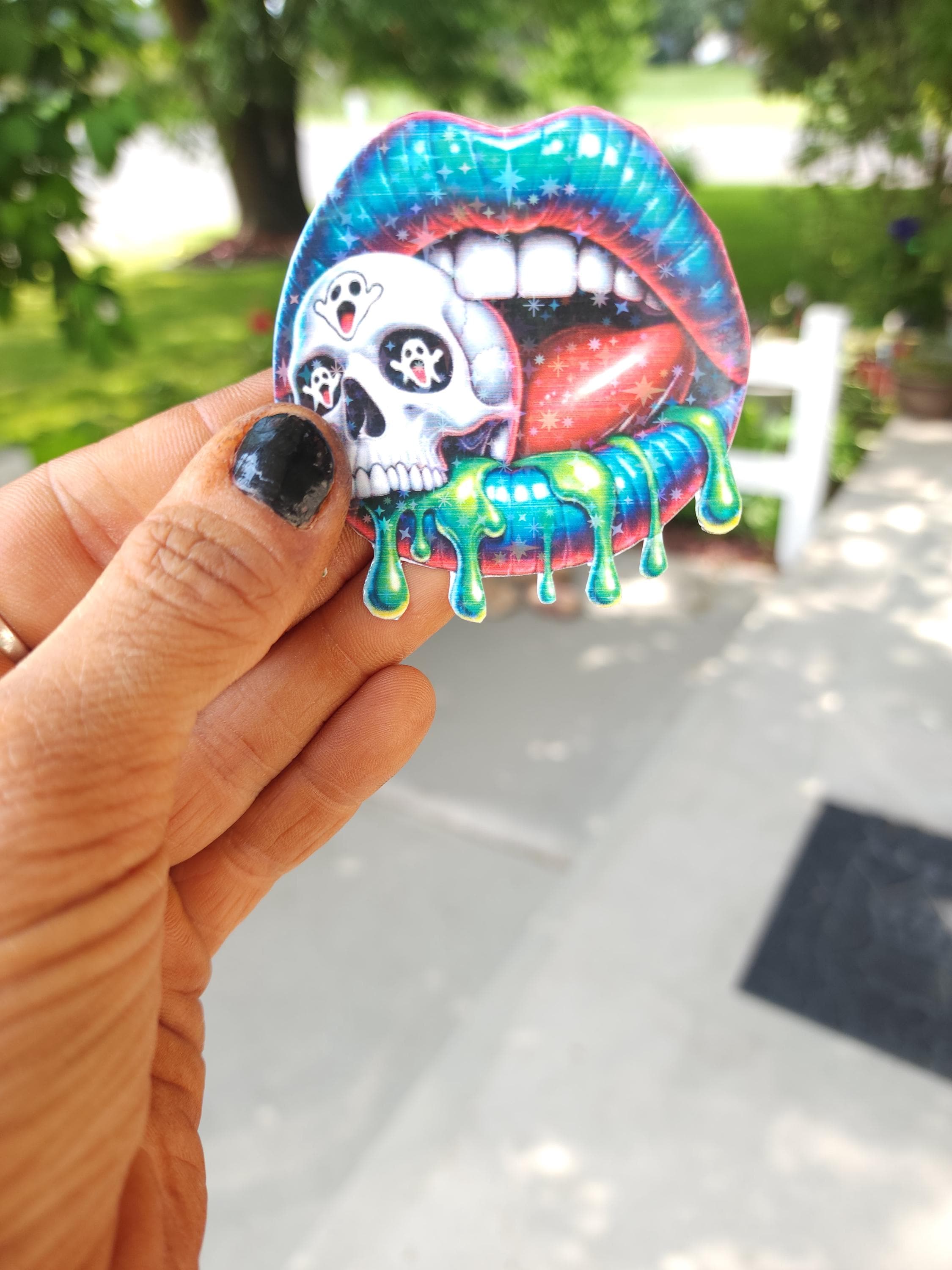 Kiss of Death – Blue & Green Lips with Skull Vinyl Sticker | Gothic Glam Aesthetic for Baddies, Weirdos and Rule Breakers