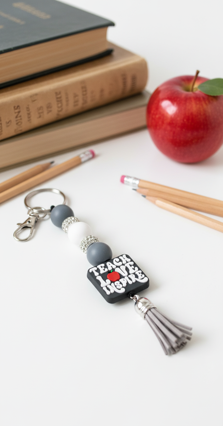 Gray & White Beaded Keychain – “Teach, Love, Inspire” Teacher appreciation| Positive Quote Keychain, Bag Charm