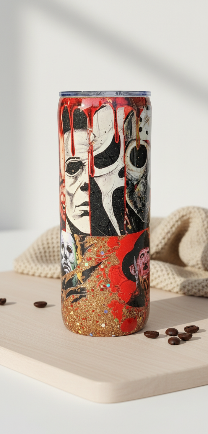 Horror Movie Tumbler: Glittery Slasher Film Stainless Steel Cup