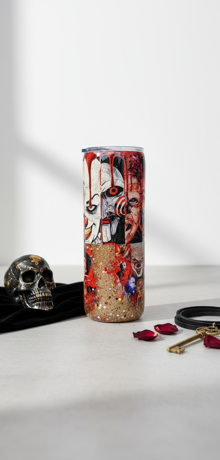 Horror Movie Tumbler: Glittery Slasher Film Stainless Steel Cup