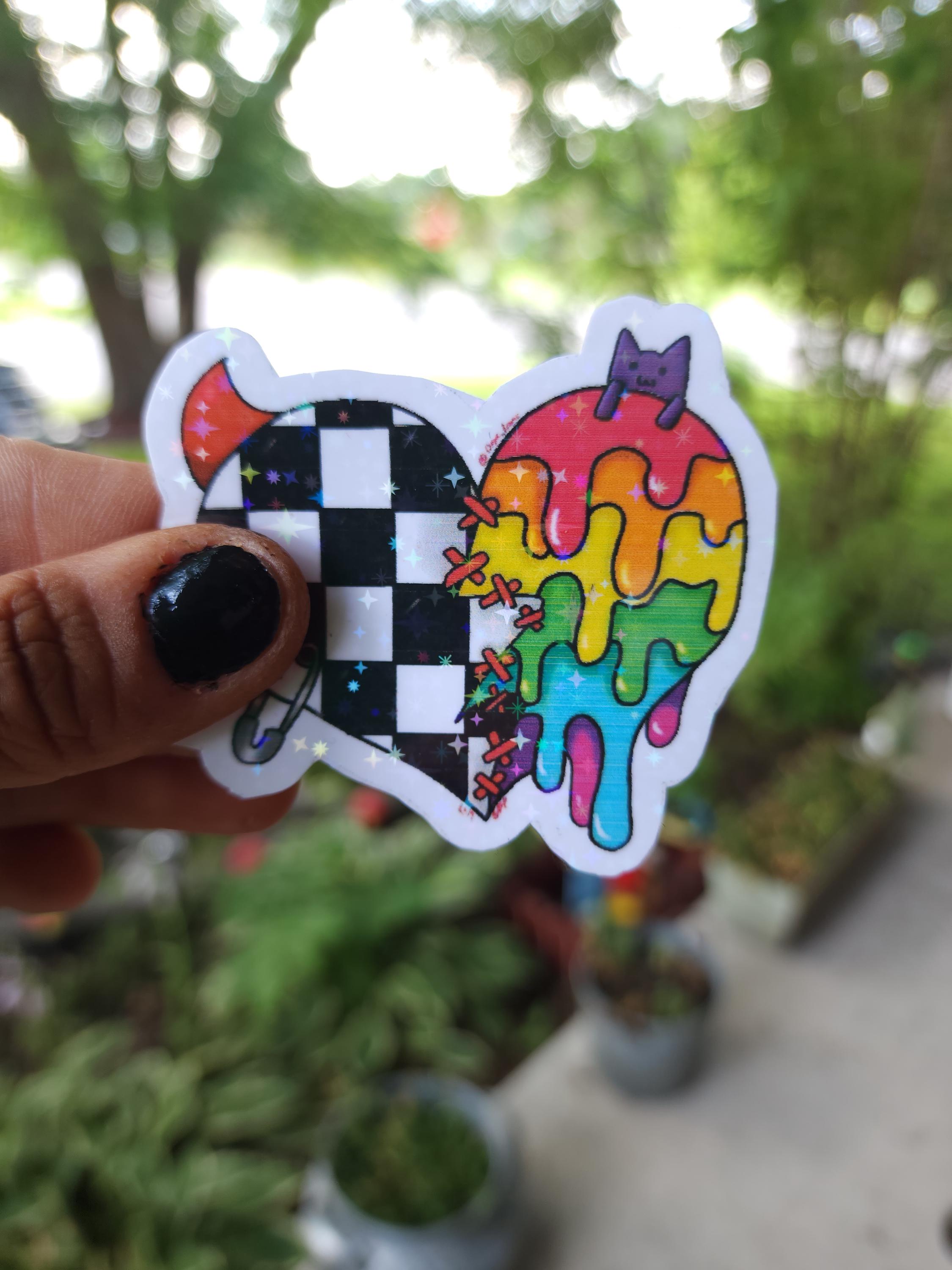 Broken Heart Vinyl Sticker: Punky Checkered Design with Stitches ** Pack of 2**