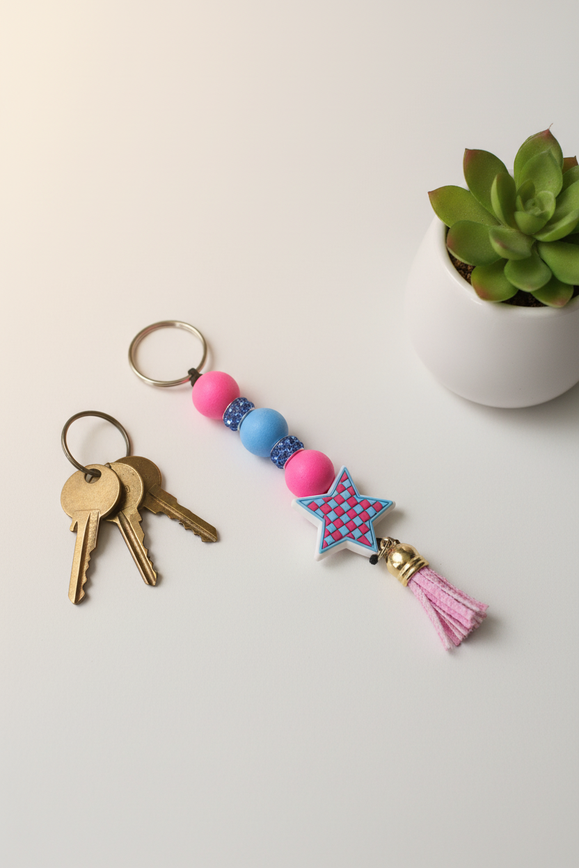 Checkered Star Beaded Keychain: Funky Bag Charm for Bold Personalities