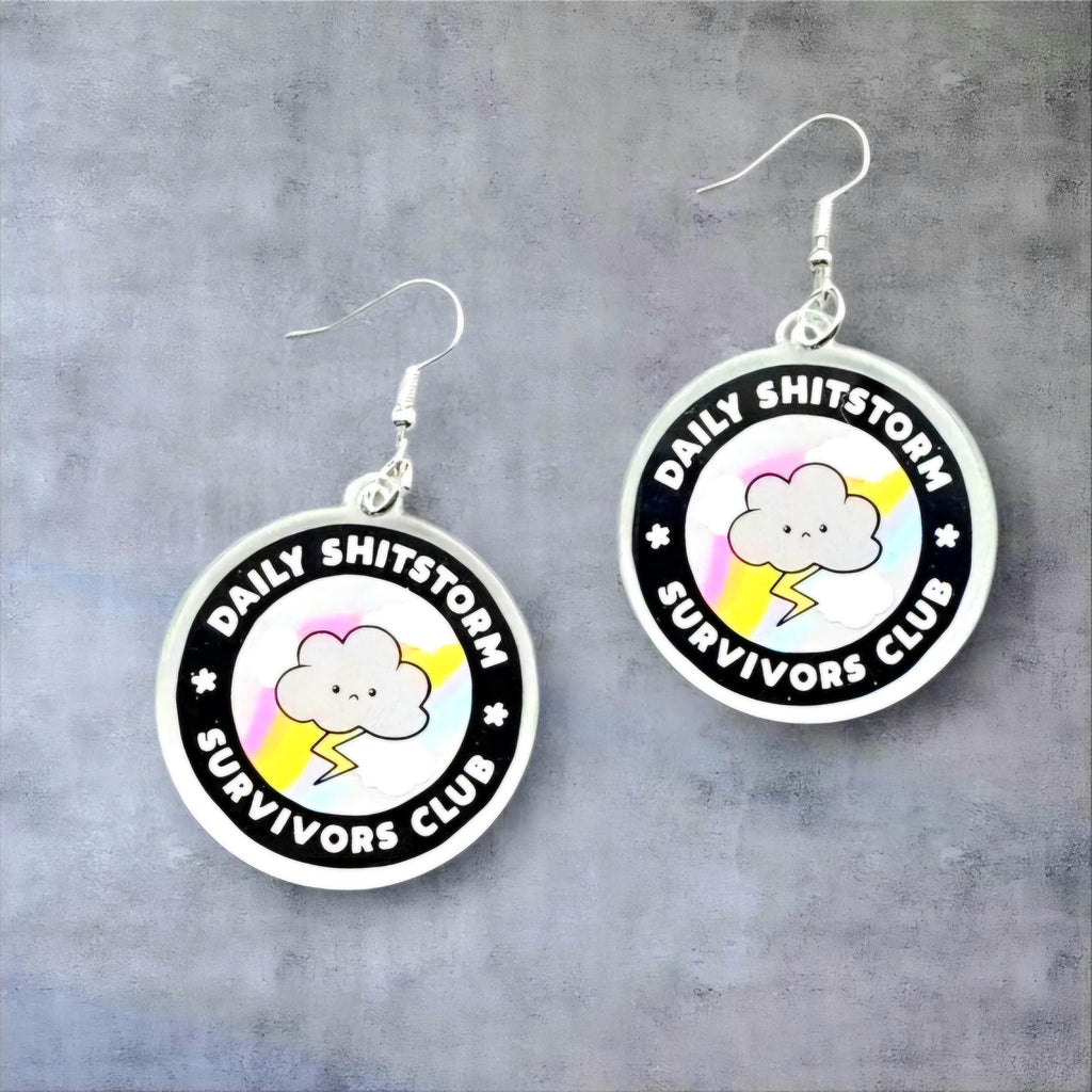 Funny Acrylic Cloud & Lightning Bolt Earrings: Sassy Shitstorm Survivor Jewelry
