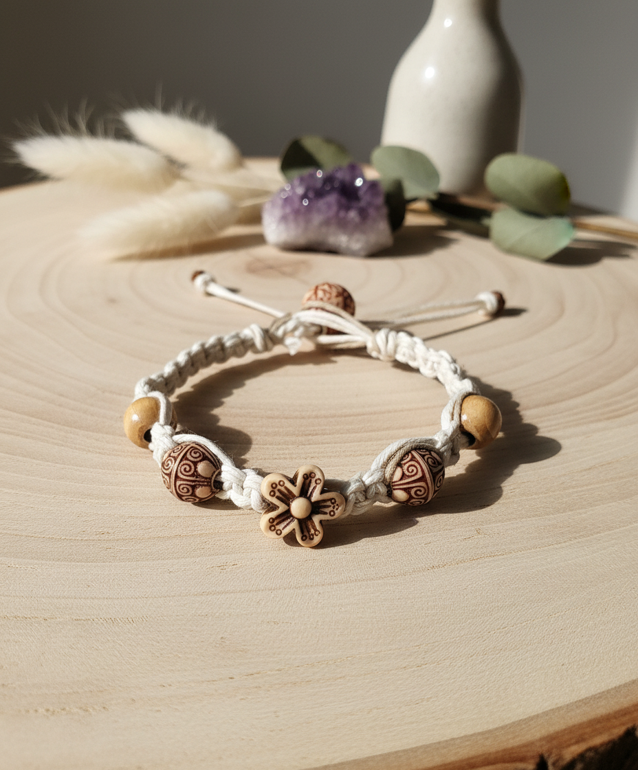 Handmade Hemp Bracelet with Wood & Acrylic Beads