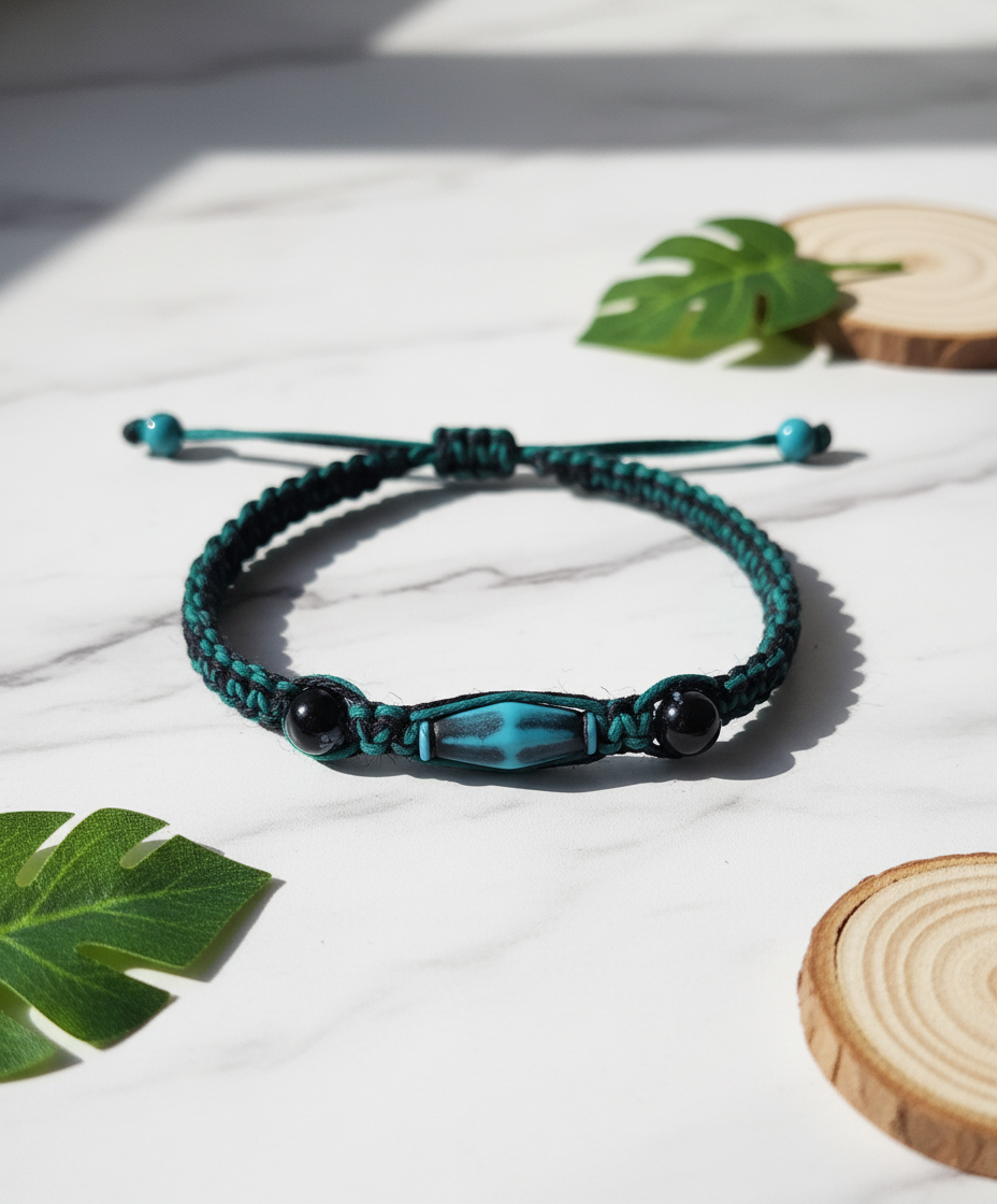 Handmade Teal Hemp Bracelet with Glass Beads