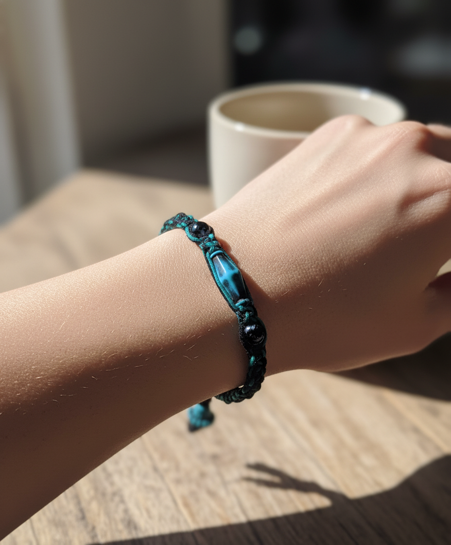 Handmade Teal Hemp Bracelet with Glass Beads