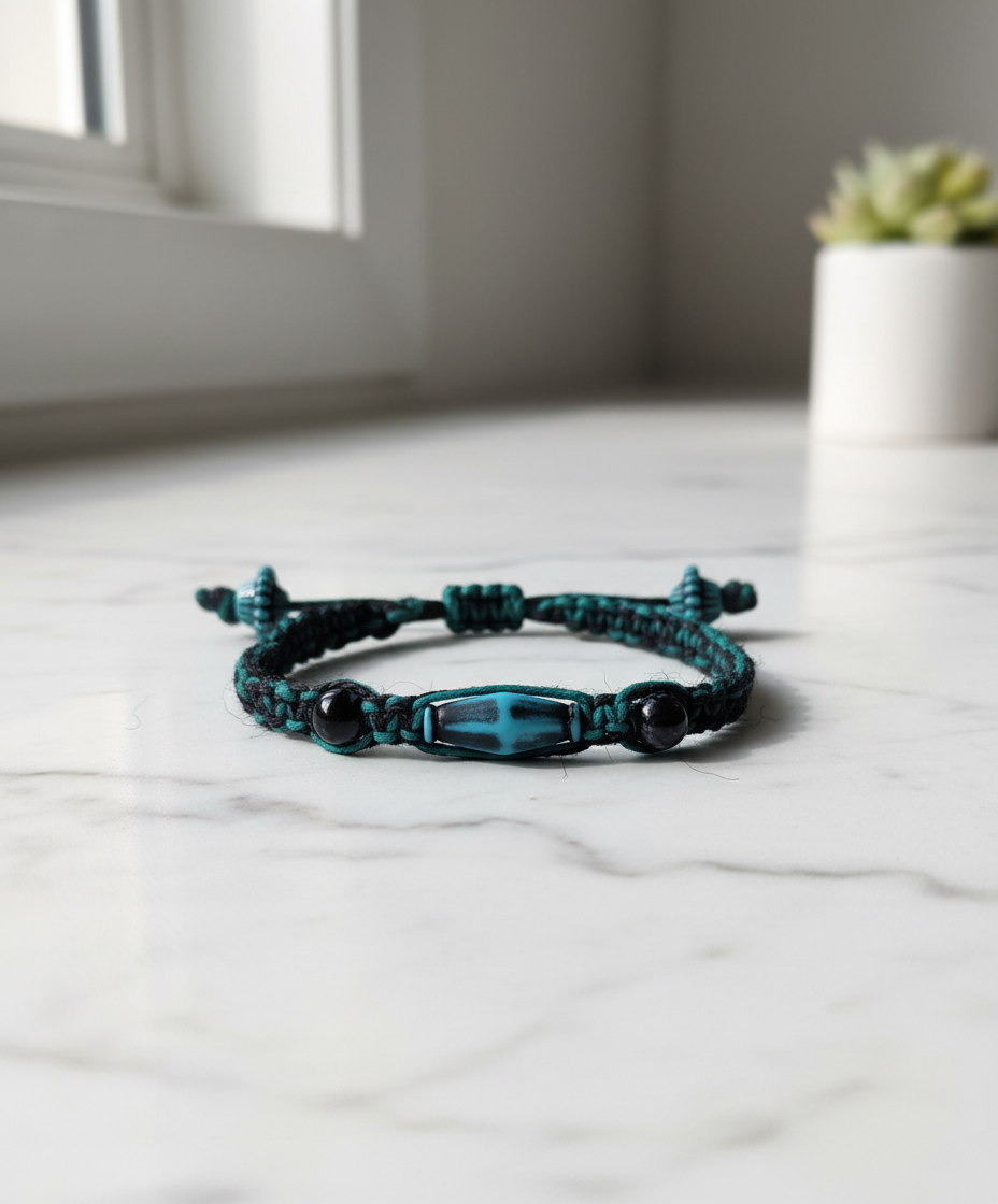 Handmade Teal Hemp Bracelet with Glass Beads