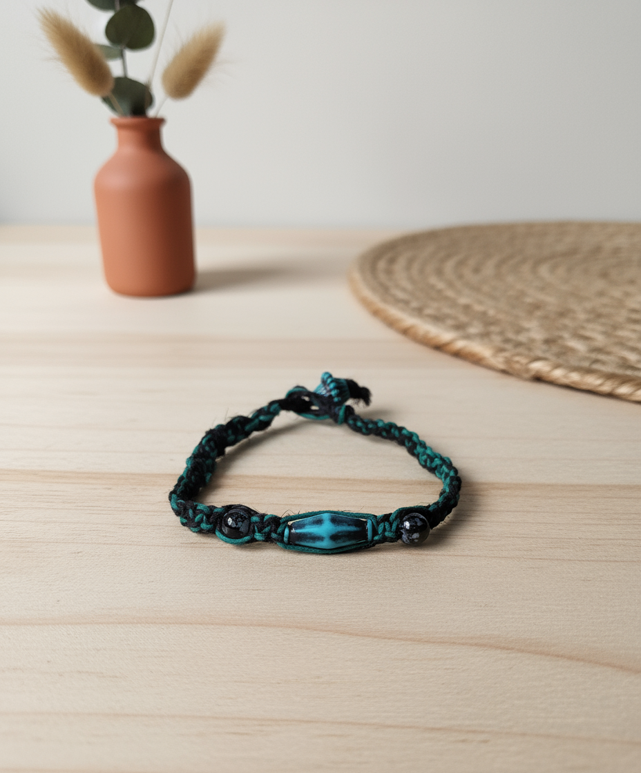 Handmade Teal Hemp Bracelet with Glass Beads