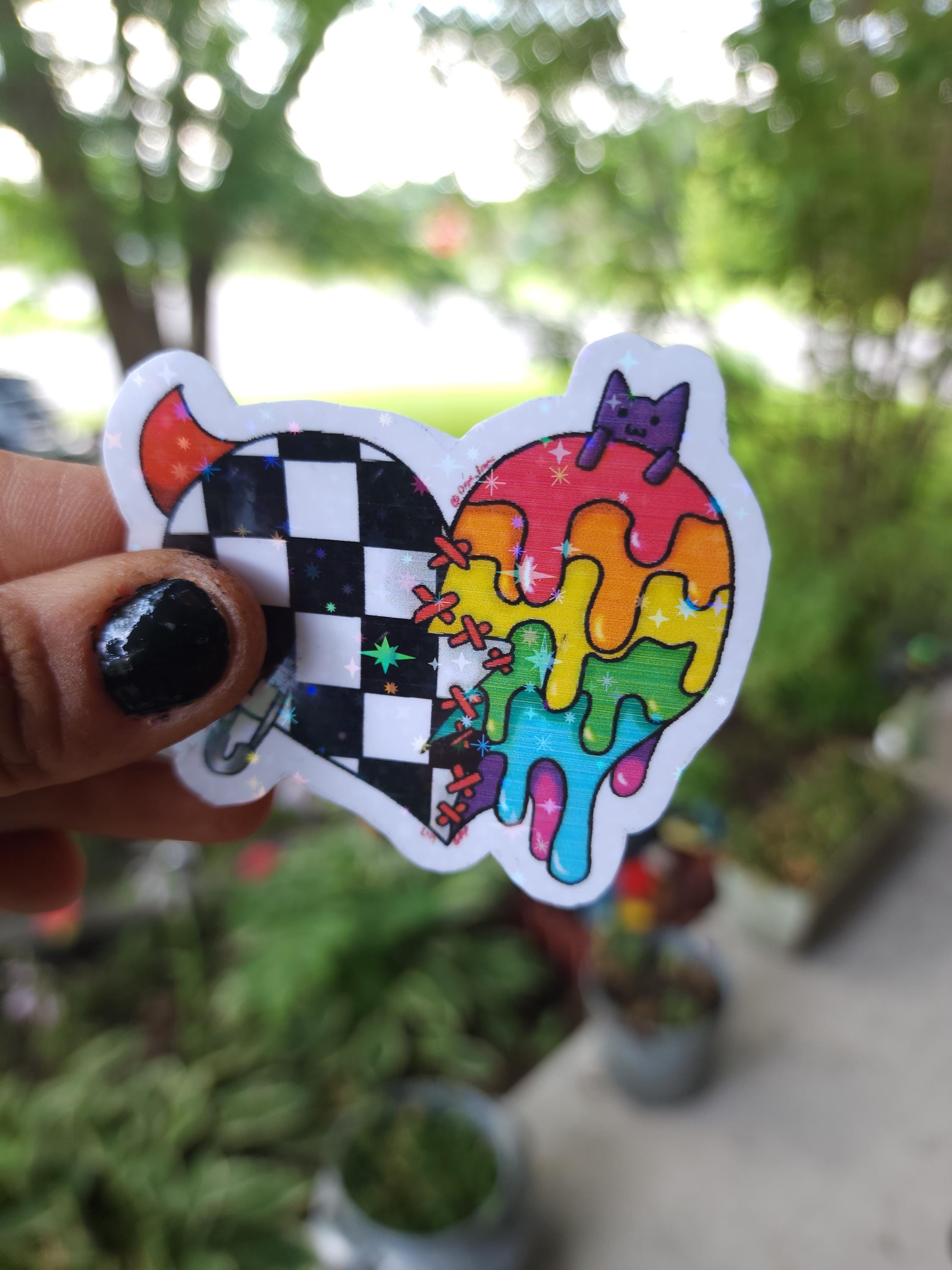 Broken Heart Vinyl Sticker: Punky Checkered Design with Stitches ** Pack of 2**