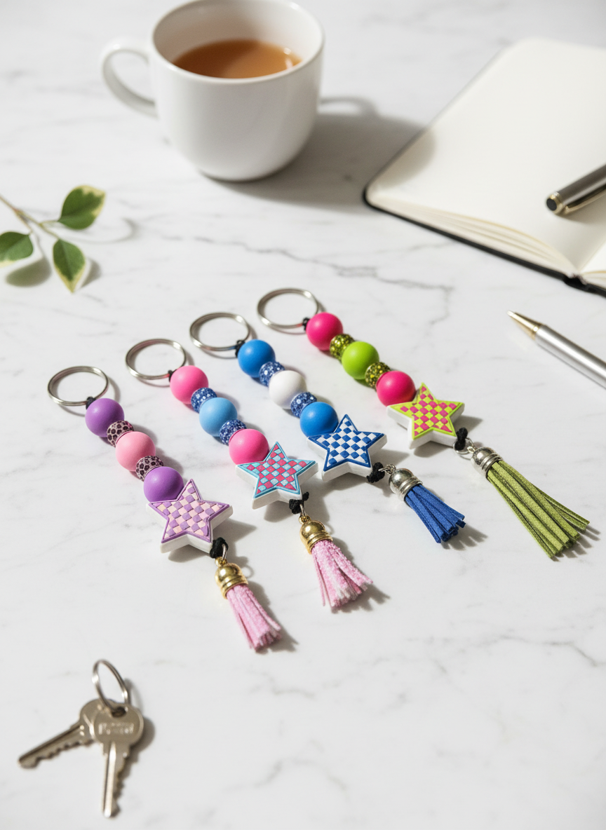 Checkered Star Beaded Keychain: Funky Bag Charm for Bold Personalities