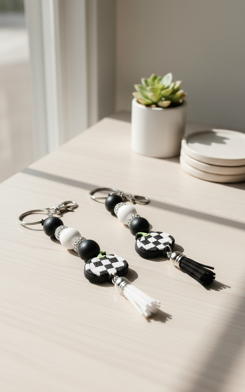 Checkered Pumpkin Keychain: Farmhouse Fall Beaded Key Ring