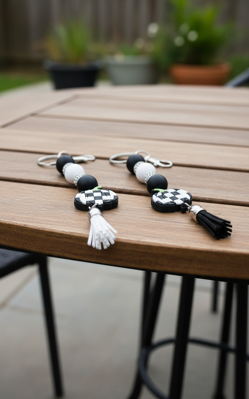 Checkered Pumpkin Keychain: Farmhouse Fall Beaded Key Ring