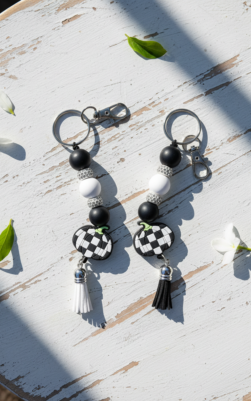 Checkered Pumpkin Keychain: Farmhouse Fall Beaded Key Ring