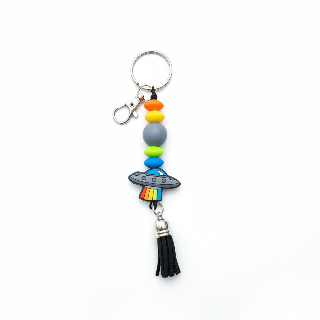 UFO Beaded Keychain: Funky Alien Bag Charm - Cosmic Gift