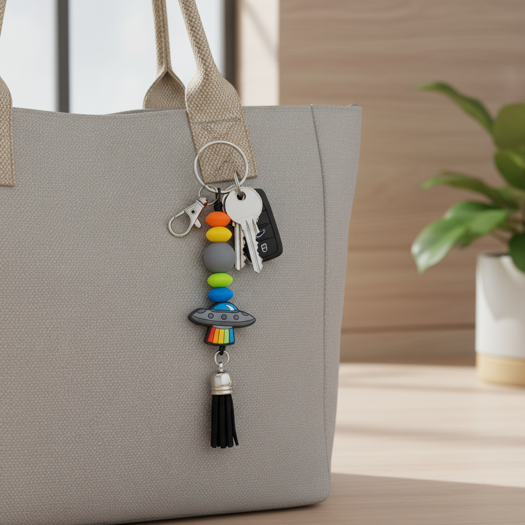 UFO Beaded Keychain: Funky Alien Bag Charm - Cosmic Gift