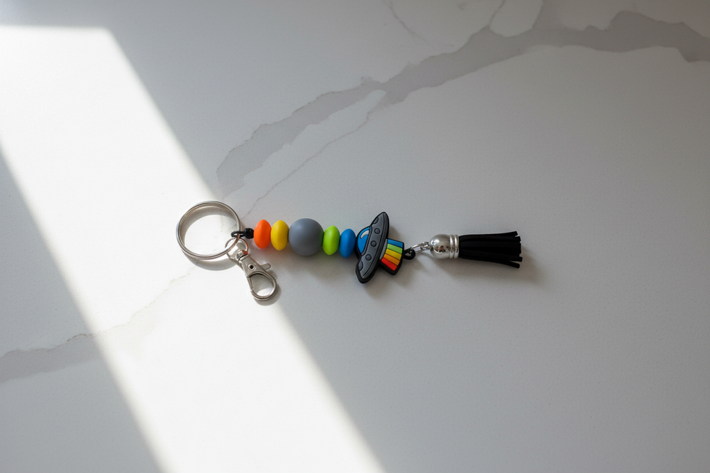 UFO Beaded Keychain: Funky Alien Bag Charm - Cosmic Gift