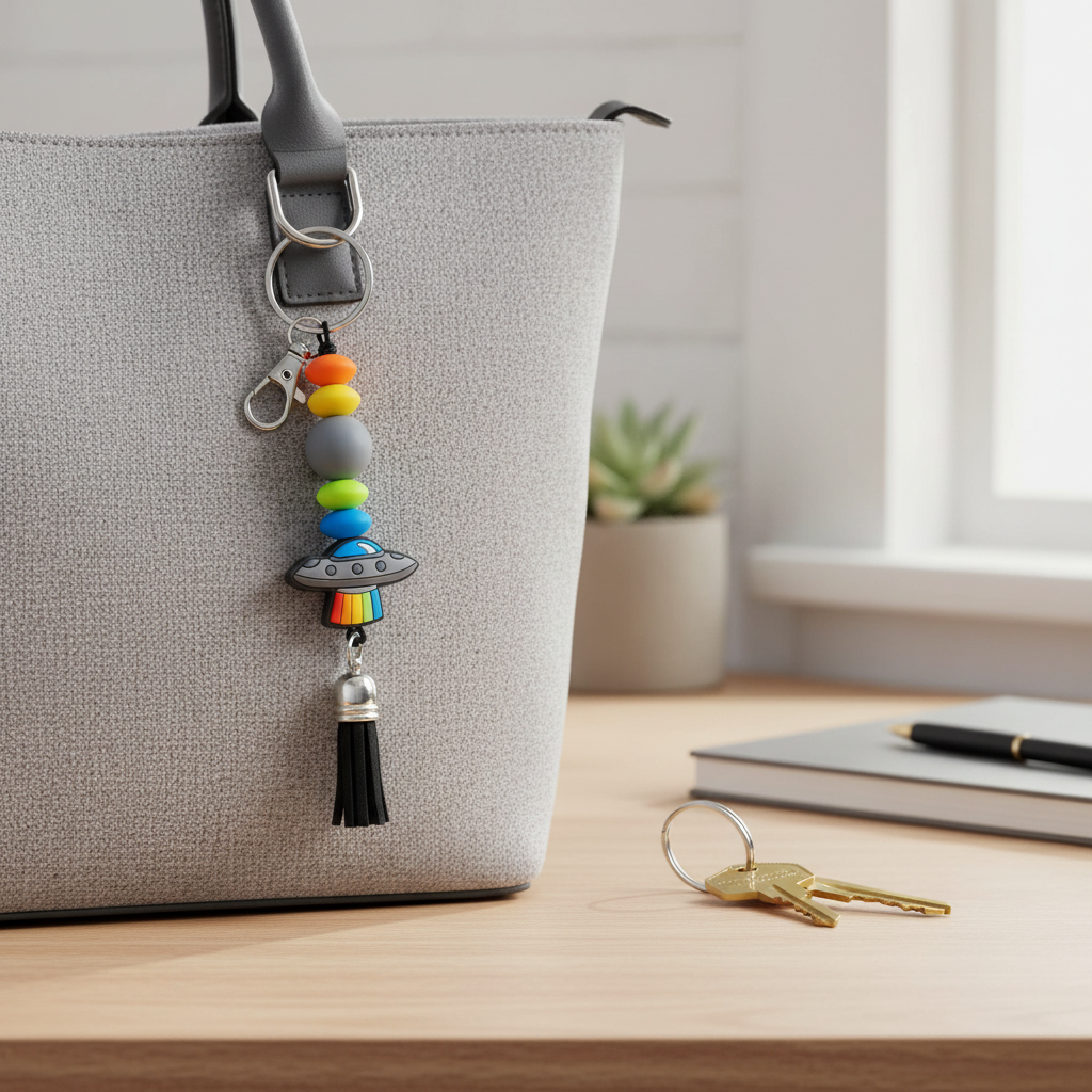 UFO Beaded Keychain: Funky Alien Bag Charm - Cosmic Gift