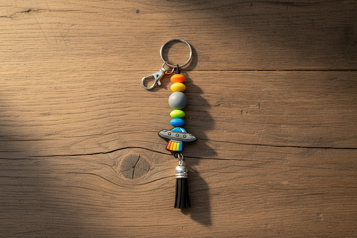 UFO Beaded Keychain: Funky Alien Bag Charm - Cosmic Gift