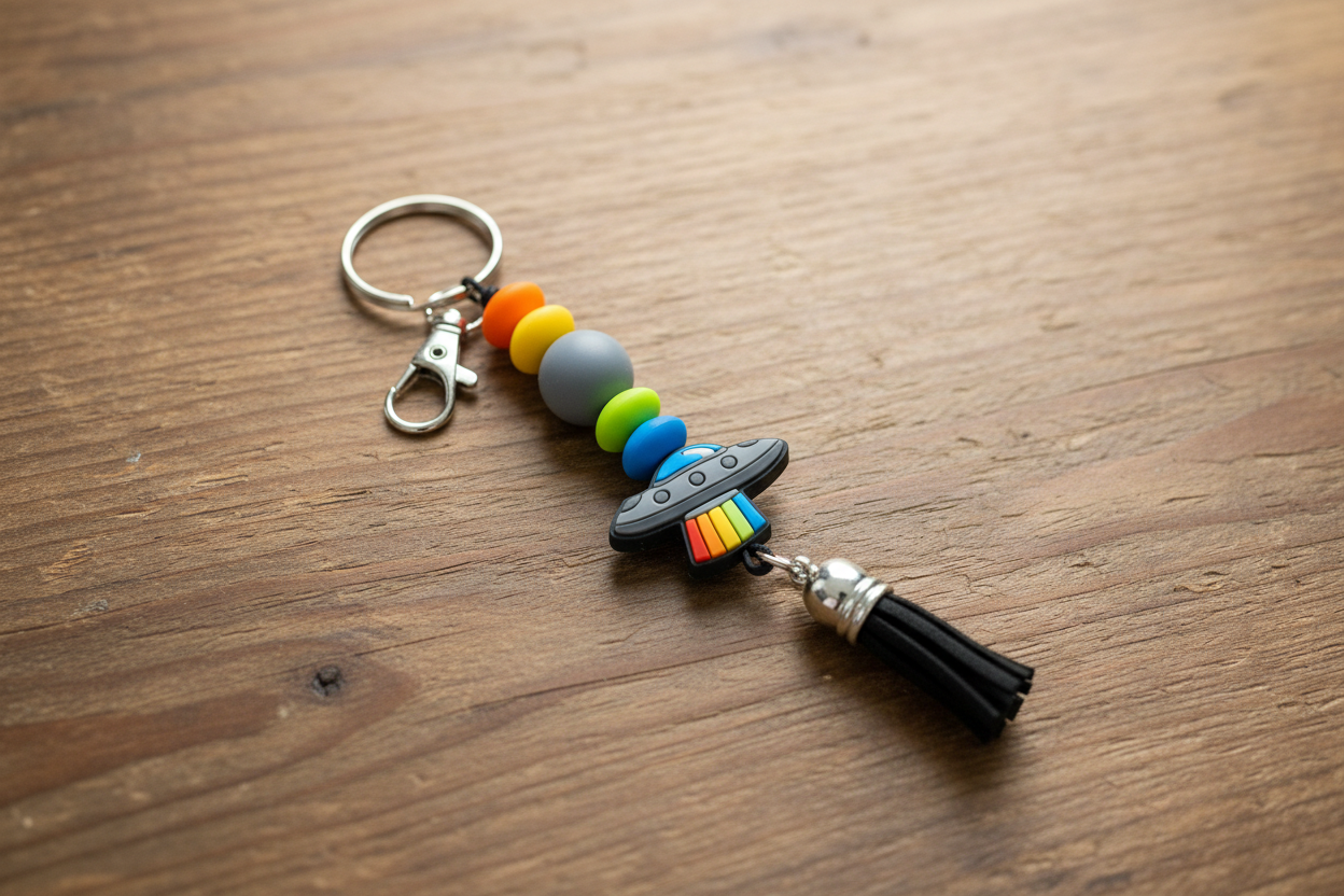 UFO Beaded Keychain: Funky Alien Bag Charm - Cosmic Gift