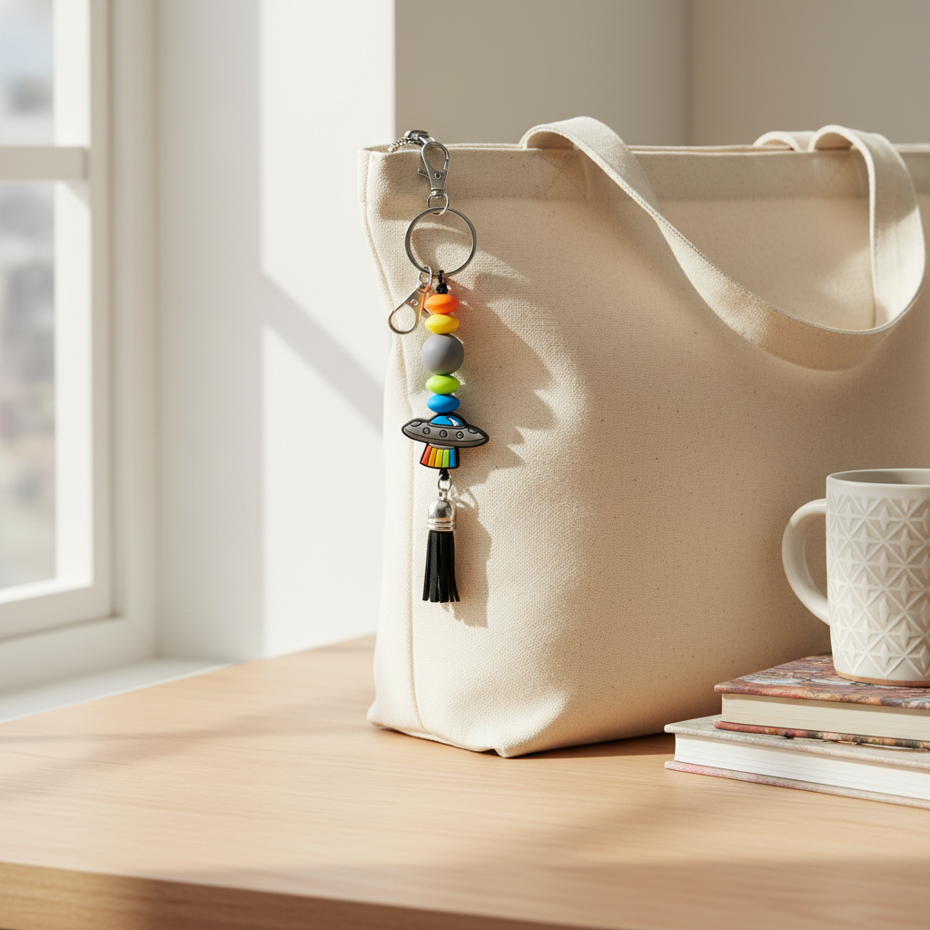 UFO Beaded Keychain: Funky Alien Bag Charm - Cosmic Gift