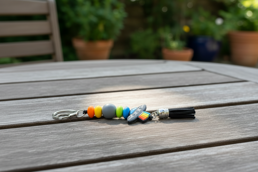 UFO Beaded Keychain: Funky Alien Bag Charm - Cosmic Gift