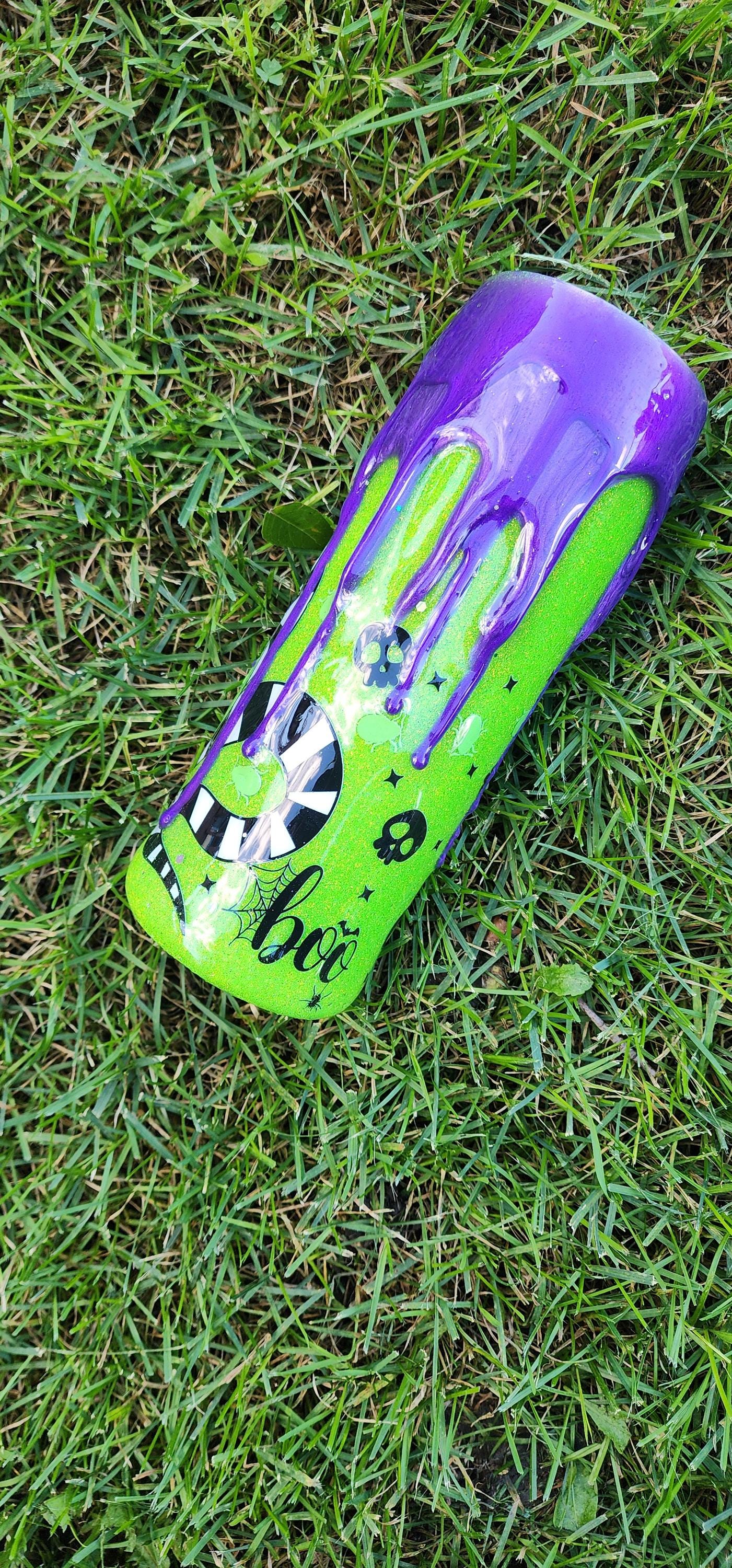 Epoxy Drip Tumbler – Neon Green & Purple Creepy Cute Horror Cup | Handmade Halloween Drinkware and Spooky Movie Fan Gift