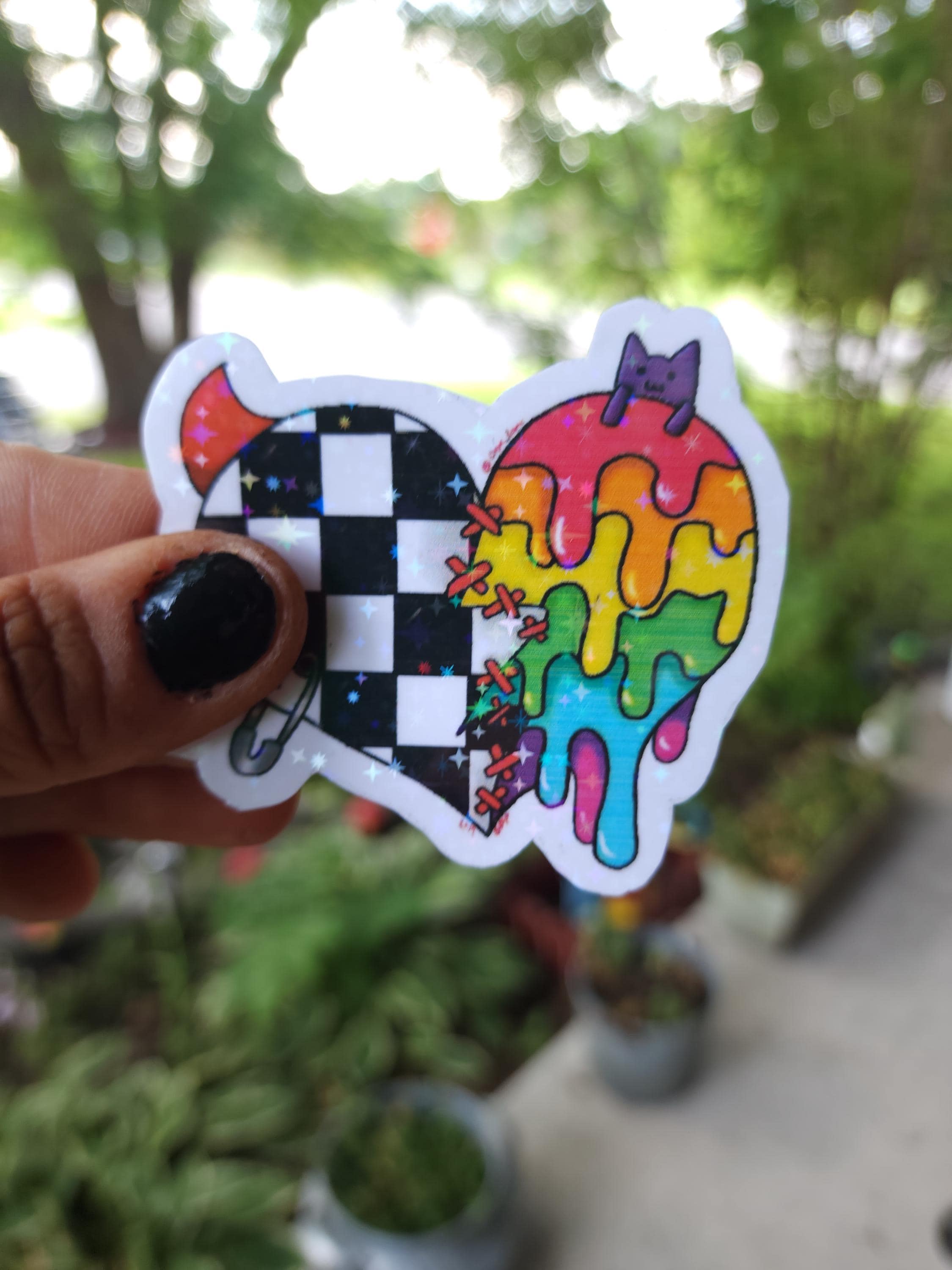 Broken Heart Vinyl Sticker: Punky Checkered Design with Stitches ** Pack of 2**