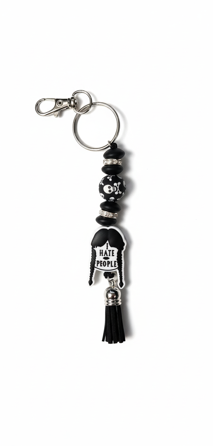 Wednesday Addams ‘I Hate People’ Beaded Keychain – Gothic Spooky Accessory, Creepy Cute Bag Charm,  Horror & Addams Family Fans