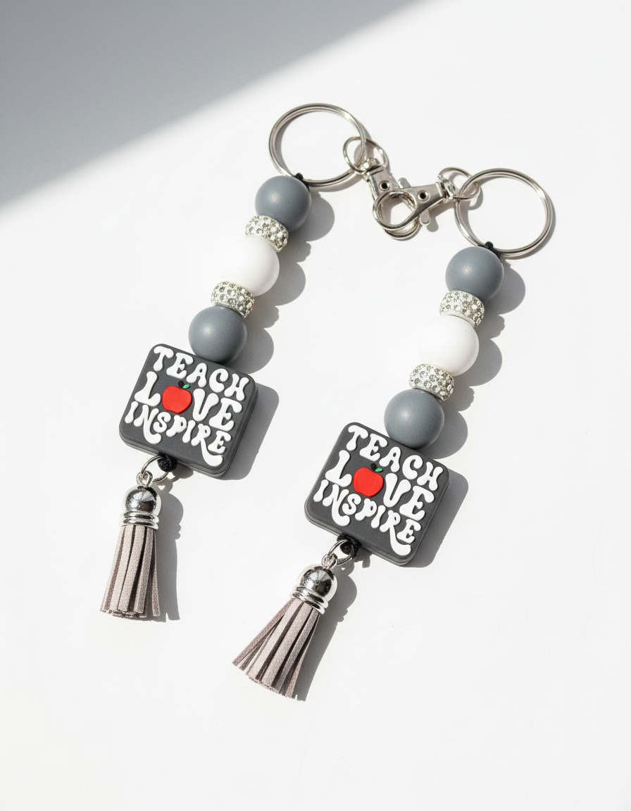 Gray & White Beaded Keychain – “Teach, Love, Inspire” Teacher appreciation| Positive Quote Keychain, Bag Charm