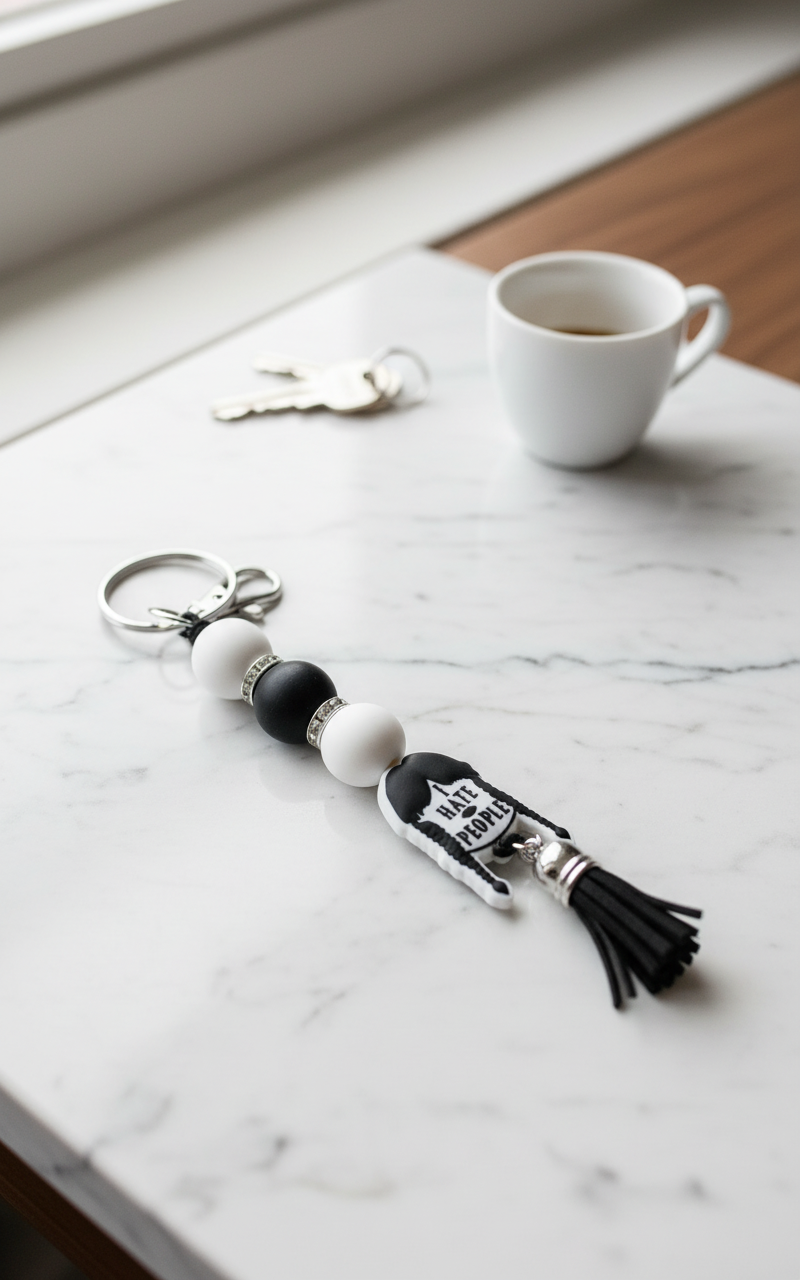 Wednesday Addams ‘I Hate People’ Beaded Keychain – Gothic Spooky Accessory, Creepy Cute Bag Charm,  Horror & Addams Family Fans