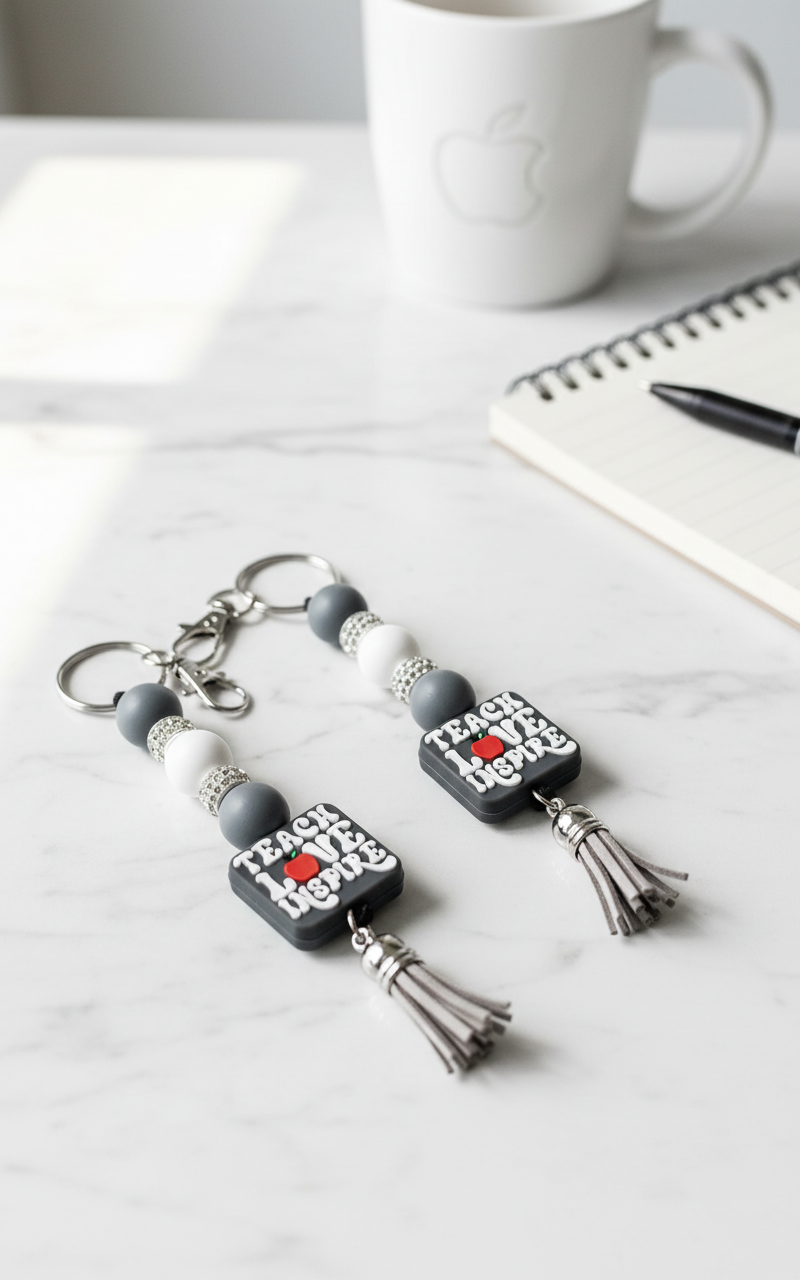 Gray & White Beaded Keychain – “Teach, Love, Inspire” Teacher appreciation| Positive Quote Keychain, Bag Charm