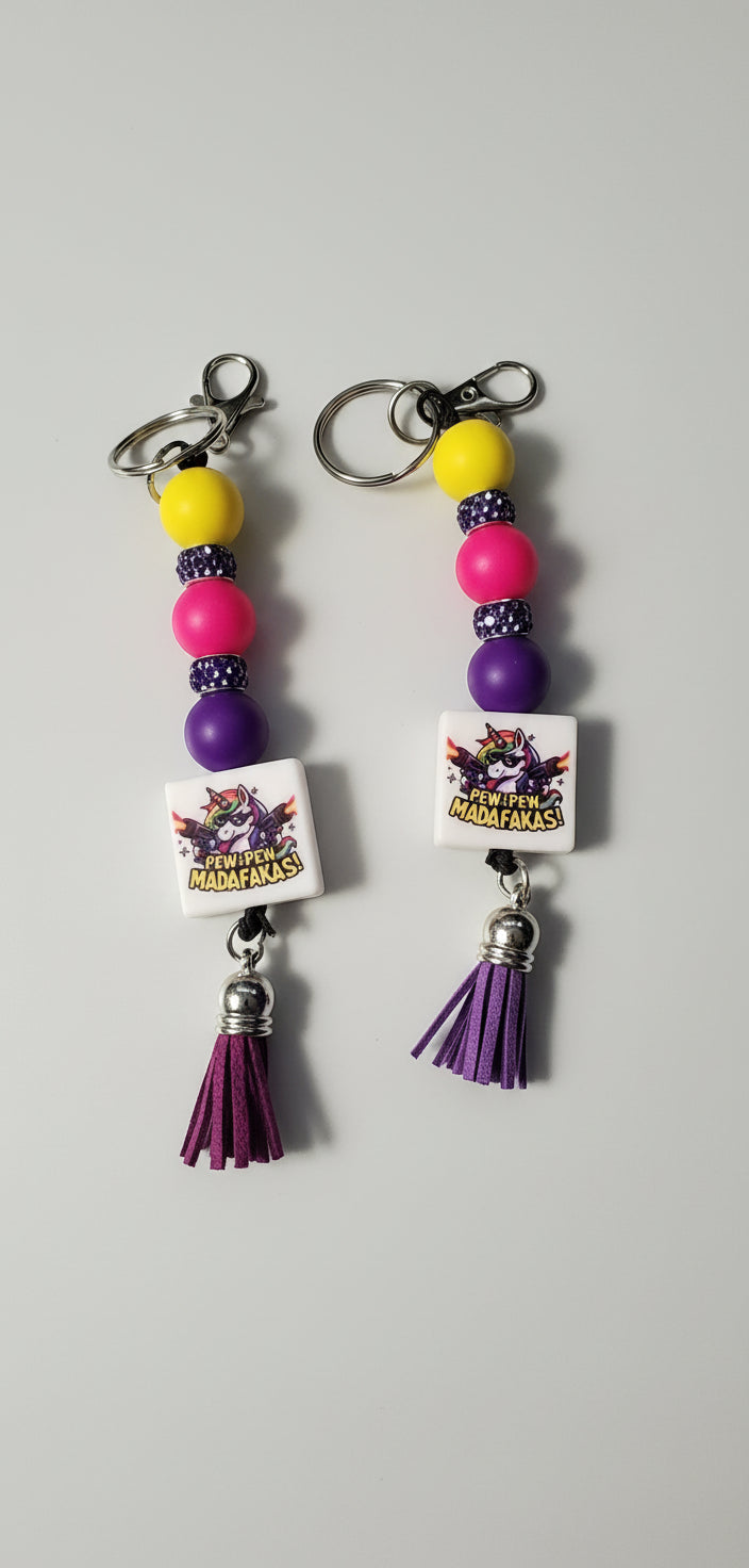 Unicorn Pew Pew Madafacka Keychain – Funny Magical Beaded charm but Savage, Whimsical Rainbow Accessory