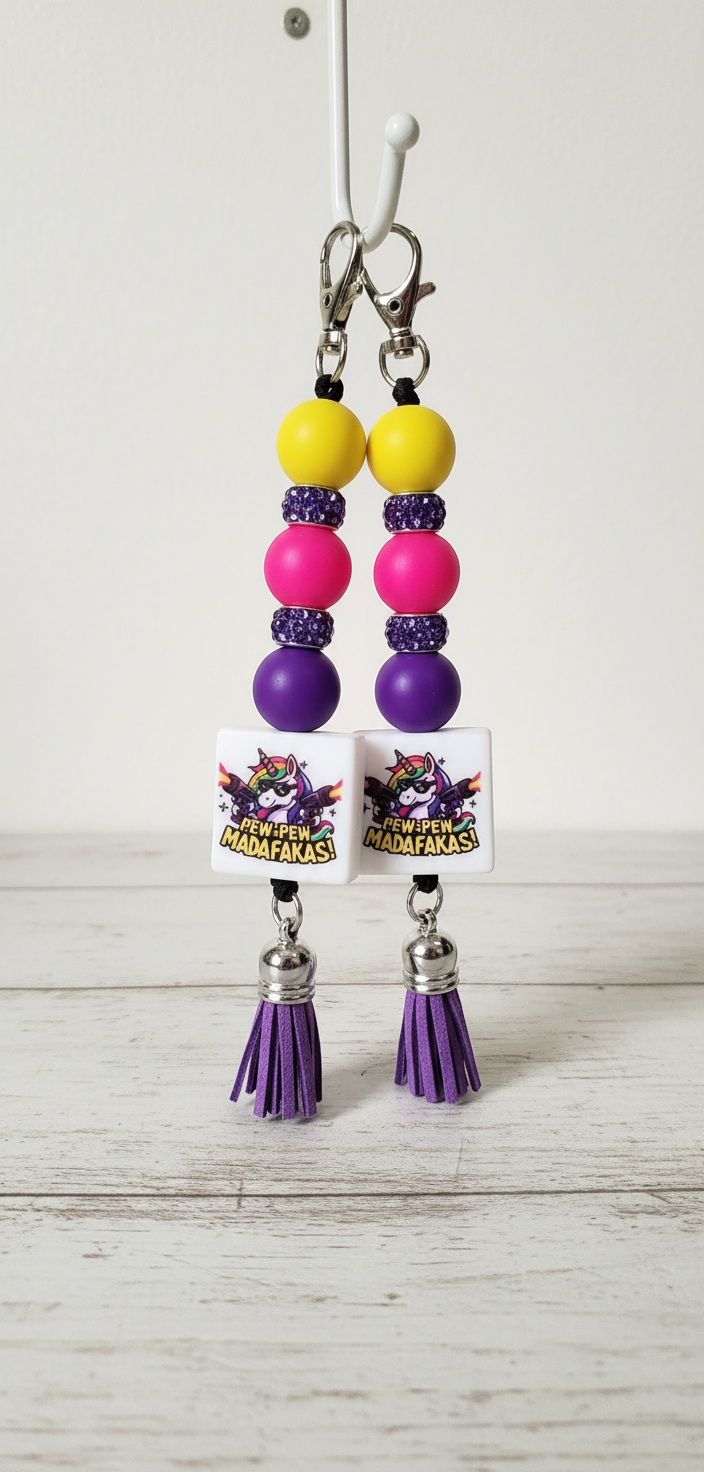Unicorn Pew Pew Madafacka Keychain – Funny Magical Beaded charm but Savage, Whimsical Rainbow Accessory