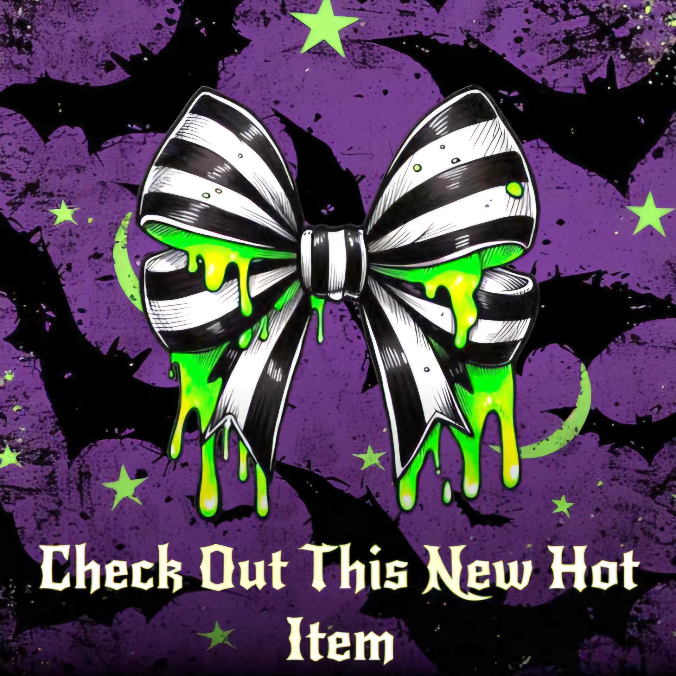 Gothic Bow Vinyl Sticker: Black & White Stripes with Neon Green Slime