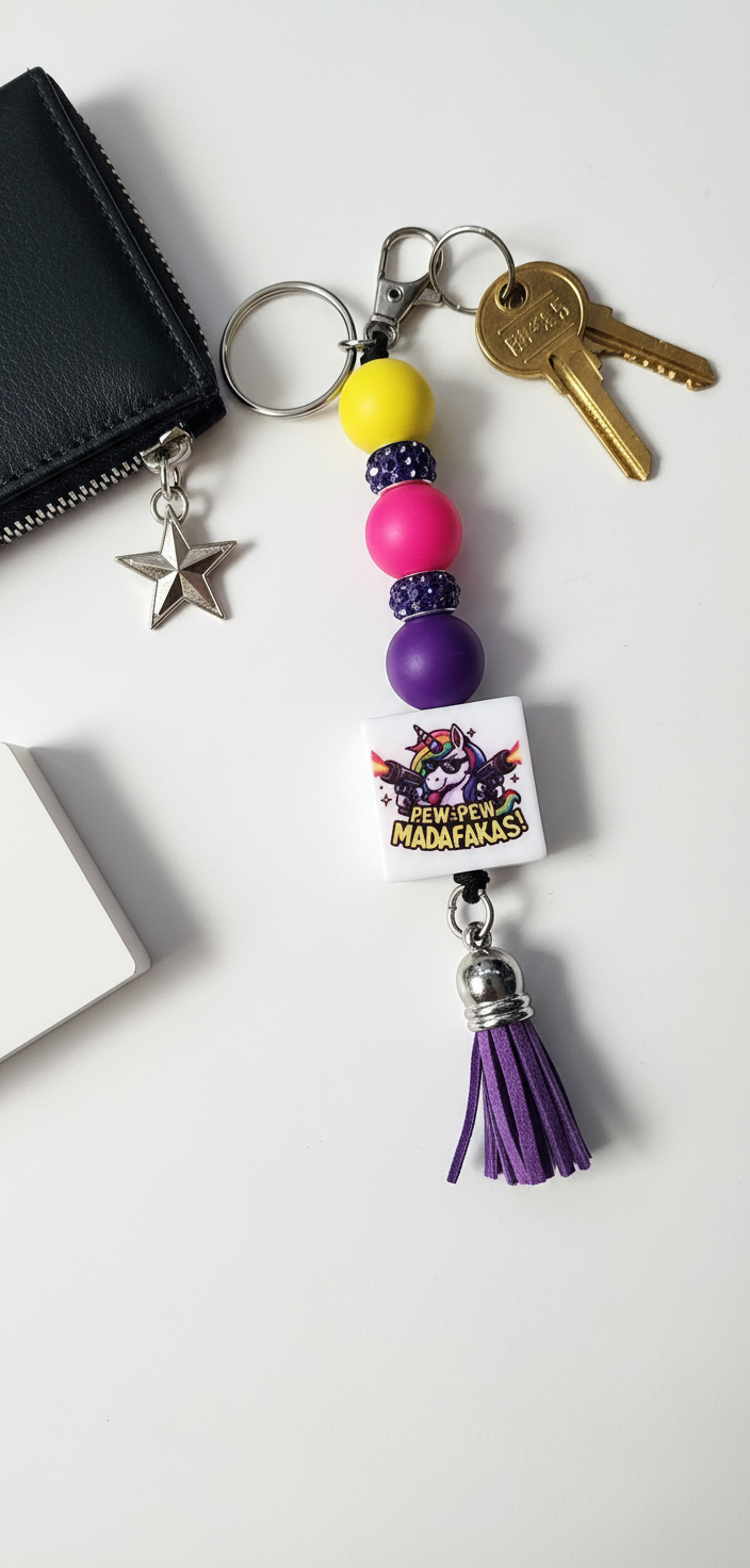 Unicorn Pew Pew Madafacka Keychain – Funny Magical Beaded charm but Savage, Whimsical Rainbow Accessory