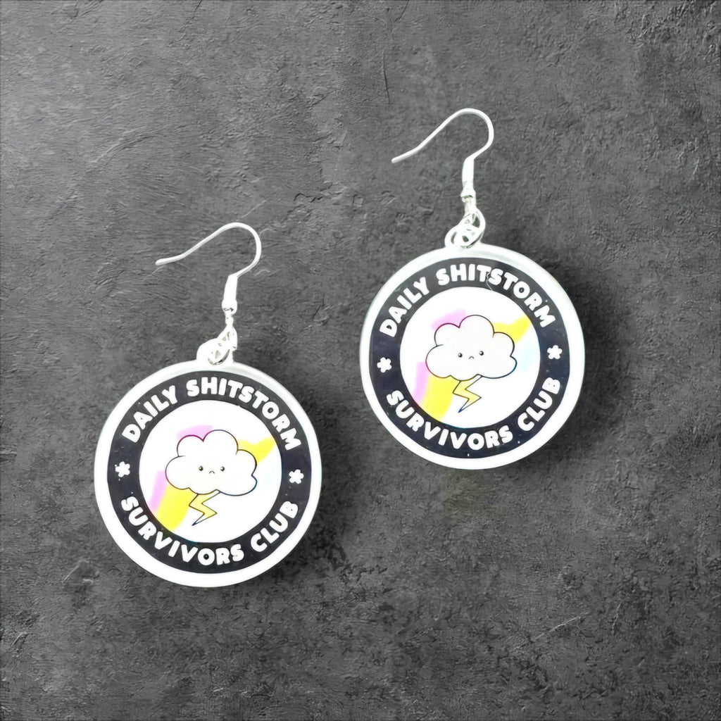Funny Acrylic Cloud & Lightning Bolt Earrings: Sassy Shitstorm Survivor Jewelry
