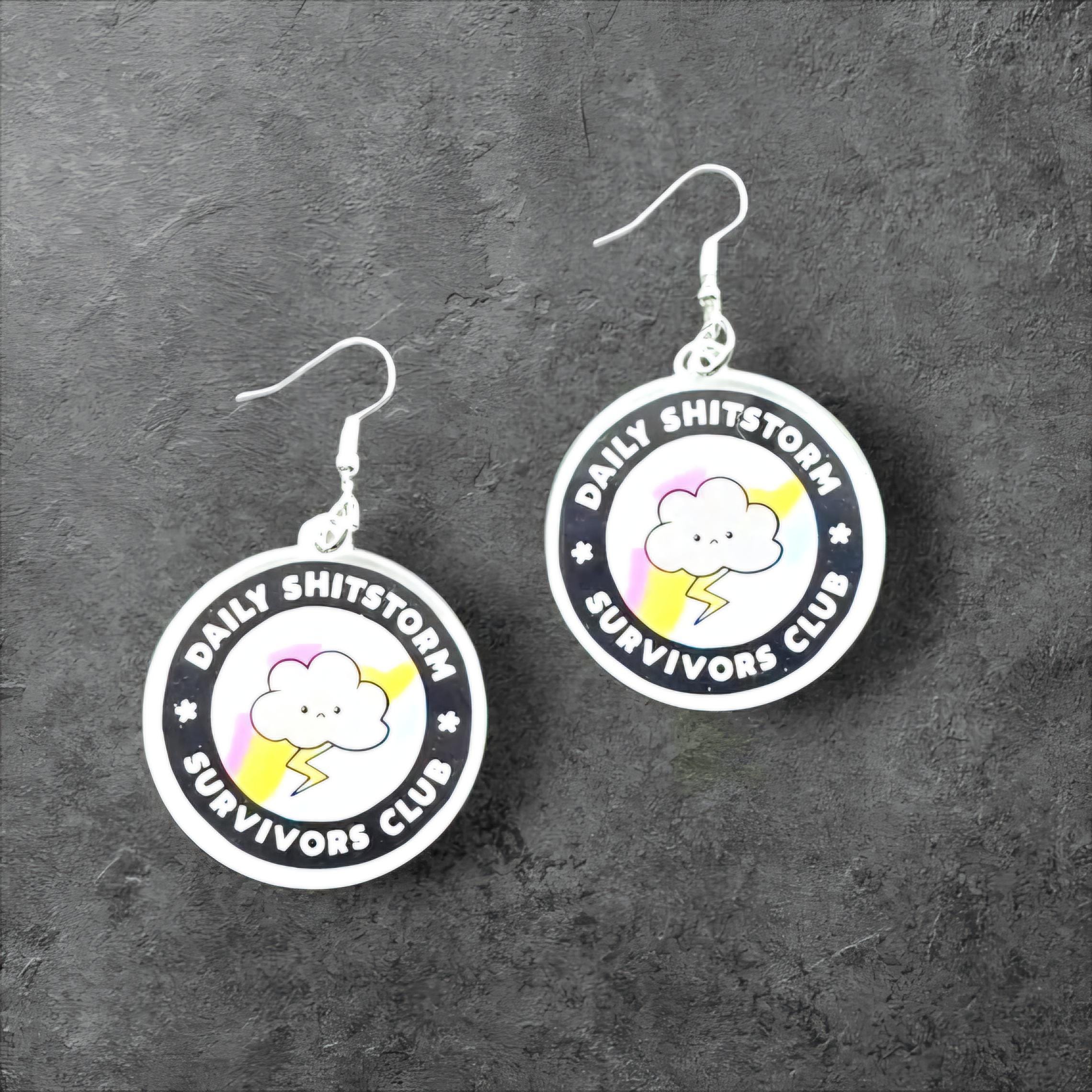 Funny Acrylic Cloud & Lightning Bolt Earrings: Sassy Shitstorm Survivor Jewelry