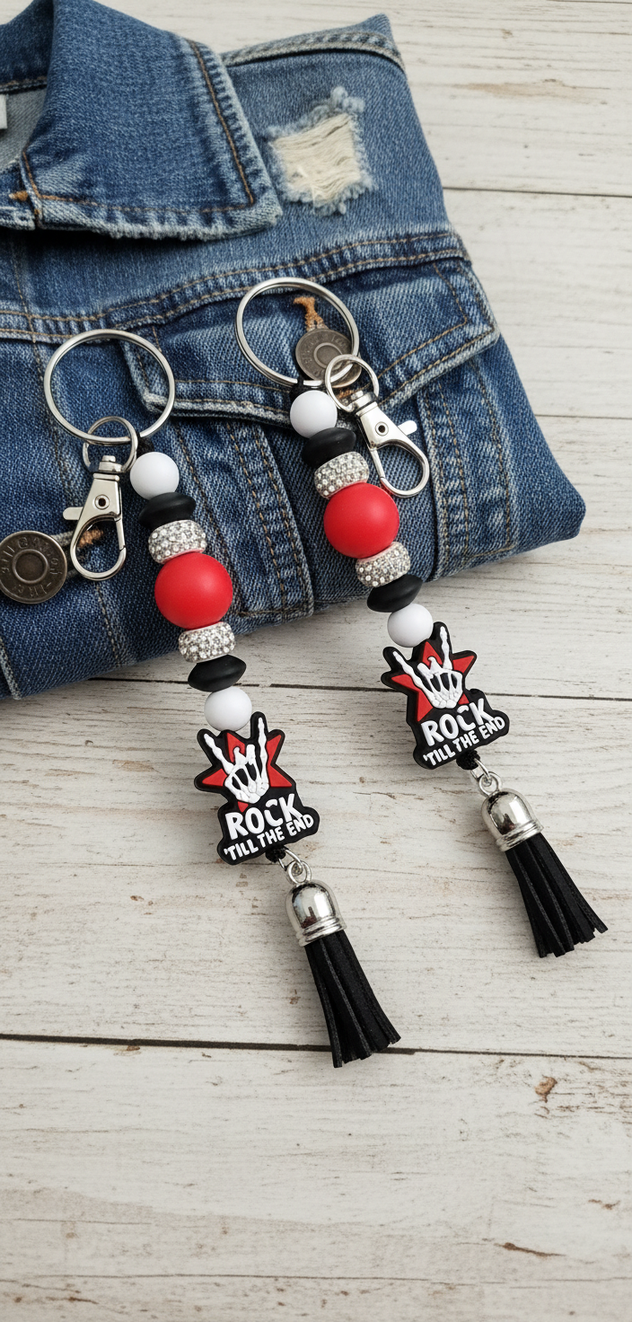 Edgy Beaded Punk Keychain: Rocker Hand Charm, Goth Bag Accessory, Rock Until The End