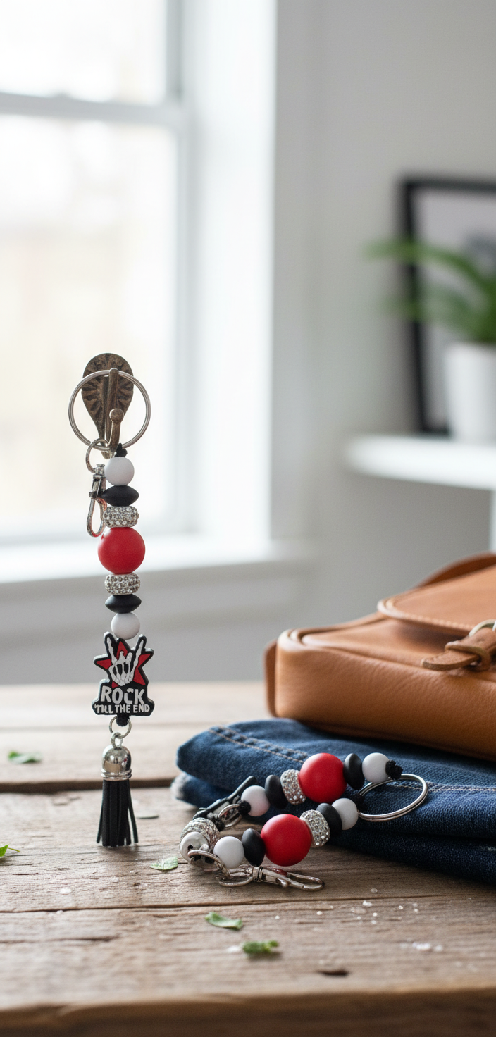 Edgy Beaded Punk Keychain: Rocker Hand Charm, Goth Bag Accessory, Rock Until The End